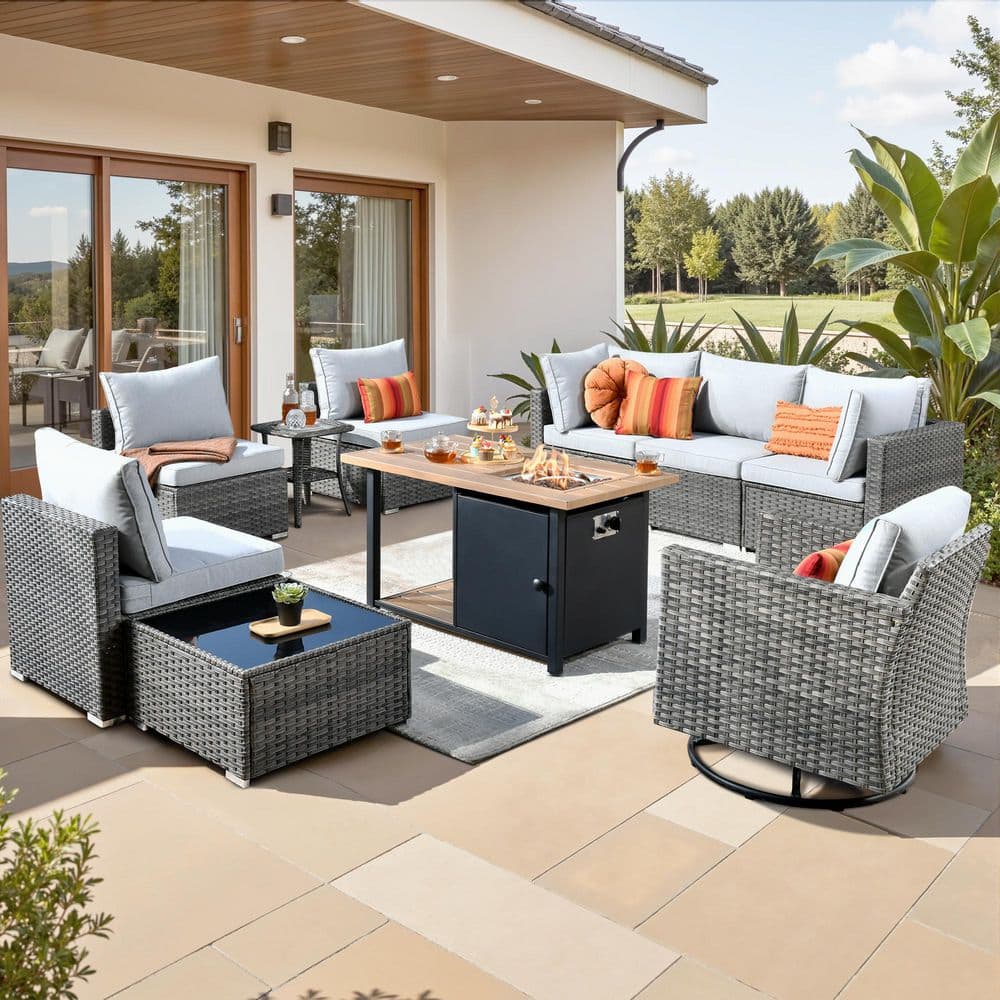 Sanibel Gray 10-Piece Wicker Patio Conversation Sofa Set with a Swivel Chair, a Storage Fire Pit and Light Gray Cushions price history on PriceWatchPro