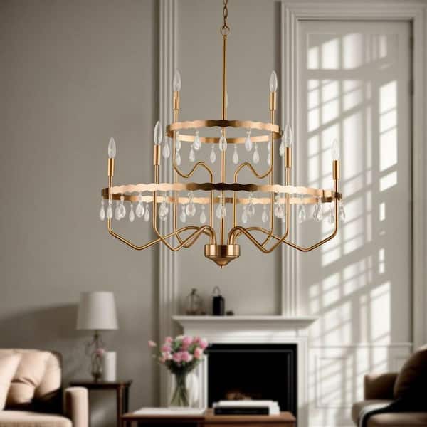 9-Light 32in. Brass Vintage Candle Tiered Dimmable Chandeliers Dining Room Kitchen Ceiling Lights Foyer Bedroom Lighting