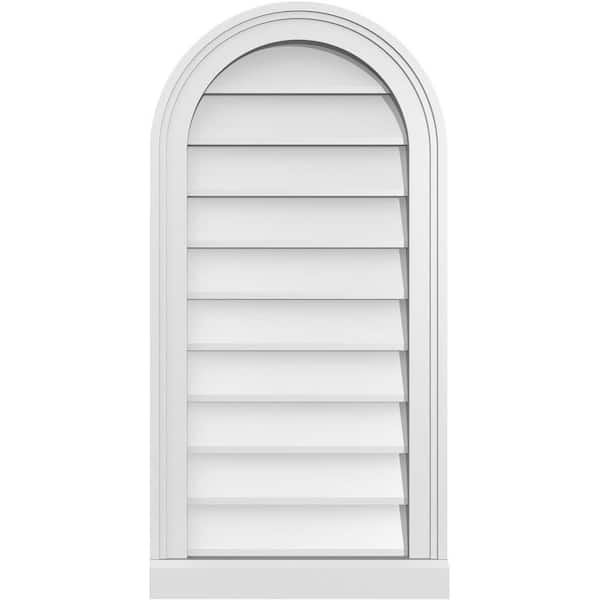 Ekena Millwork 16 in. x 32 in. Round Top Surface Mount PVC Gable Vent: Decorative with Brickmould Sill Frame