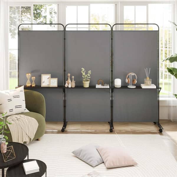 74 in. Tall Gray 3-Panel Room Divider with Storage Shelves Folding Privacy Screen on Wheels