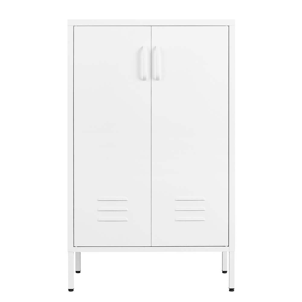 Metal Accent White Storage with 2Shelves 2Door Plastic Pad Adjustable Height