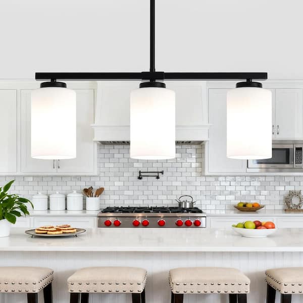3-Light Black Modern Kitchen Island Light Fixture, Linear Chandelier Pendant Hanging Light w/ White Frosted Glass Shade