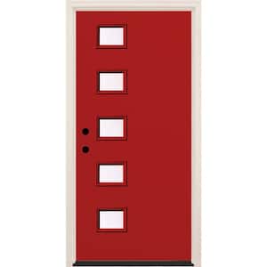 36 in. x 80 in. Right-Hand/Inswing 5 Lite Clear Glass Ruby Red Painted Fiberglass Prehung Front Door w/4-9/16 in. Frame