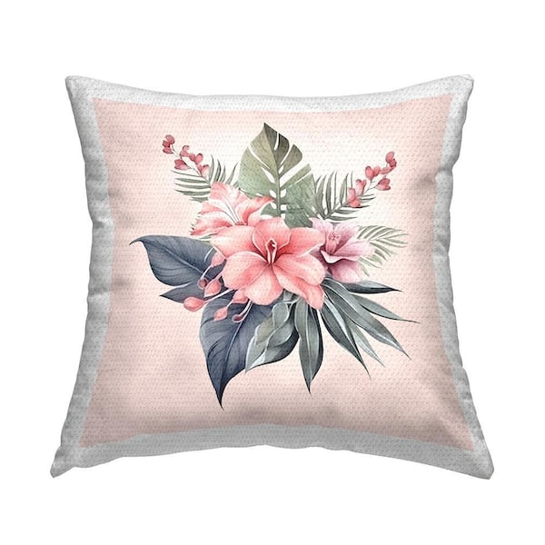 Mixed Tropical Flowers Pink Square Outdoor Throw Pillow