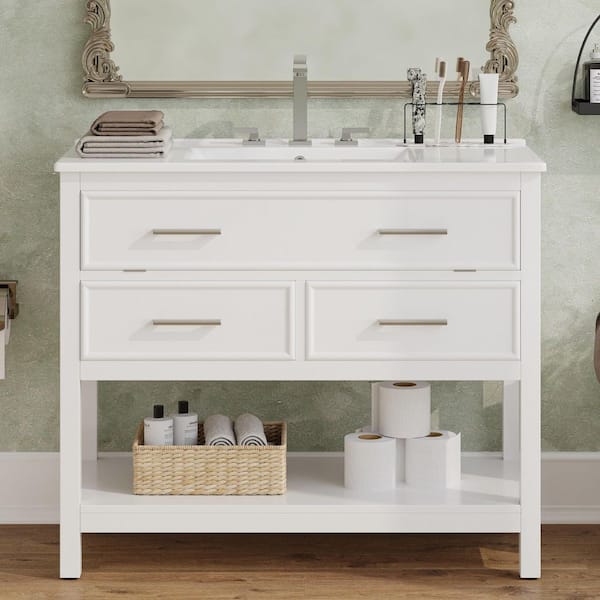 36 in. Freestanding White Bath Vanity with White Ceramic Top, 3 Drawer, Open Shelf Bathroom Storage Cabinet Unassembled