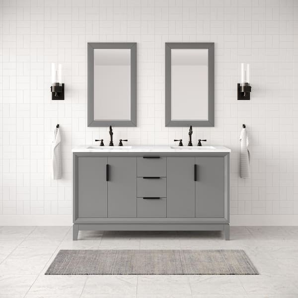 Water Creation Elizabeth 60 in. Cashmere Grey With Carrara White Marble Vanity Top With Ceramics White Basins and Mirror