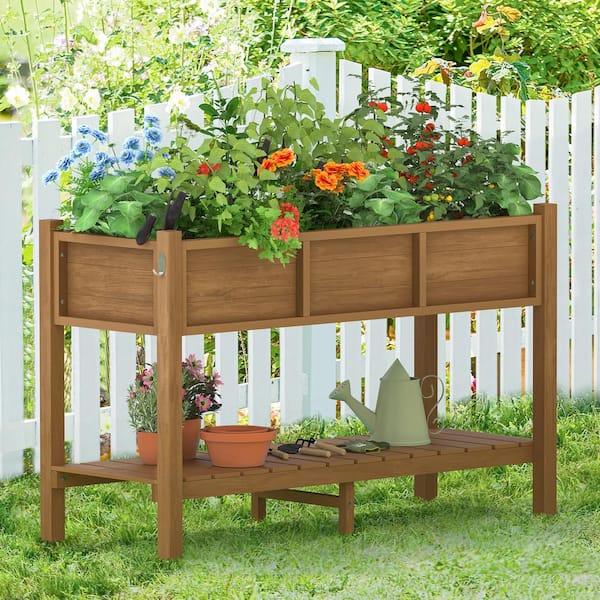LUE BONA 48 in. x 18 in. x 30 in. Teak Raised Planter Boxes, Elevated Plastic Garden Bed Stand for Backyard, Patio, Balcony