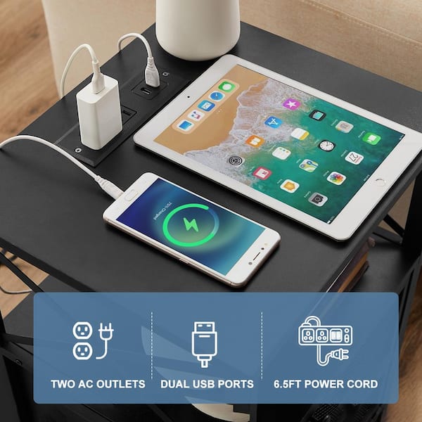 End Table with Charging Station, Nightstand with USB Ports and Power Outlets, Side Table with Storage Drawers，Black