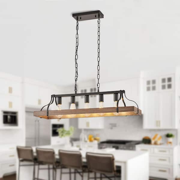 TaiMei Xalira 34 in. Walnut Industrial Chandelier Light with 5-Light