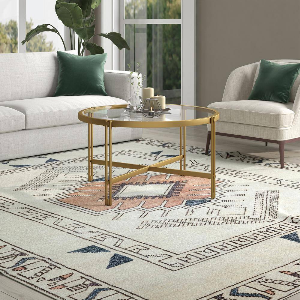 Eloise 32" Brass Round Metal & Glass Coffee Table