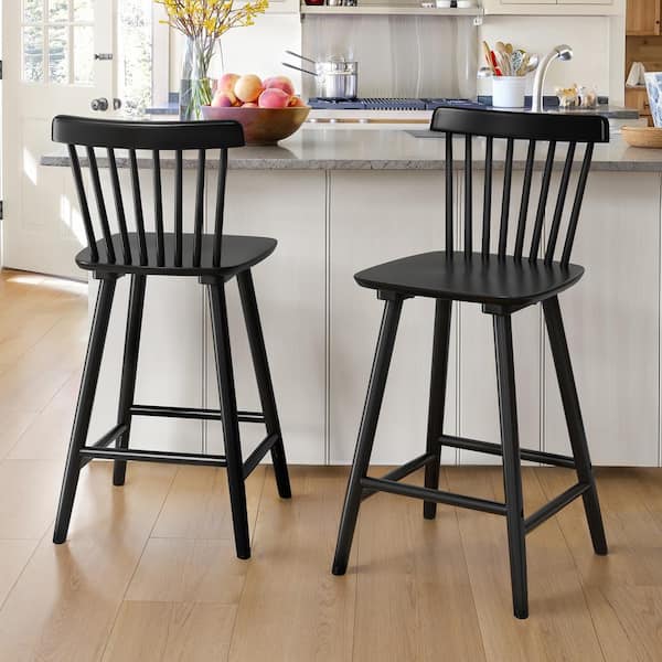 Windsor 24 in. Black Solid Wooden Bar Stool for Kitchen Island Counter Height Stool with Spindle Back Set of 2