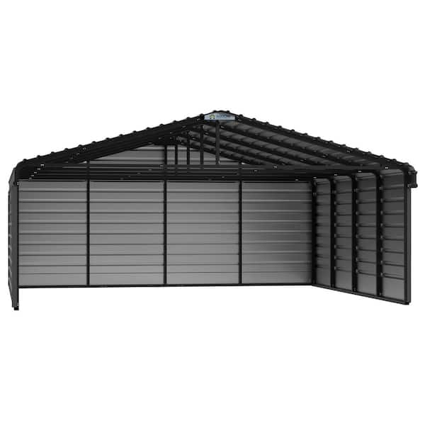 Arrow 20 ft. W x 20 ft. D x 7 ft. H Charcoal Galvanized Steel Carport with 3-sided Enclosure