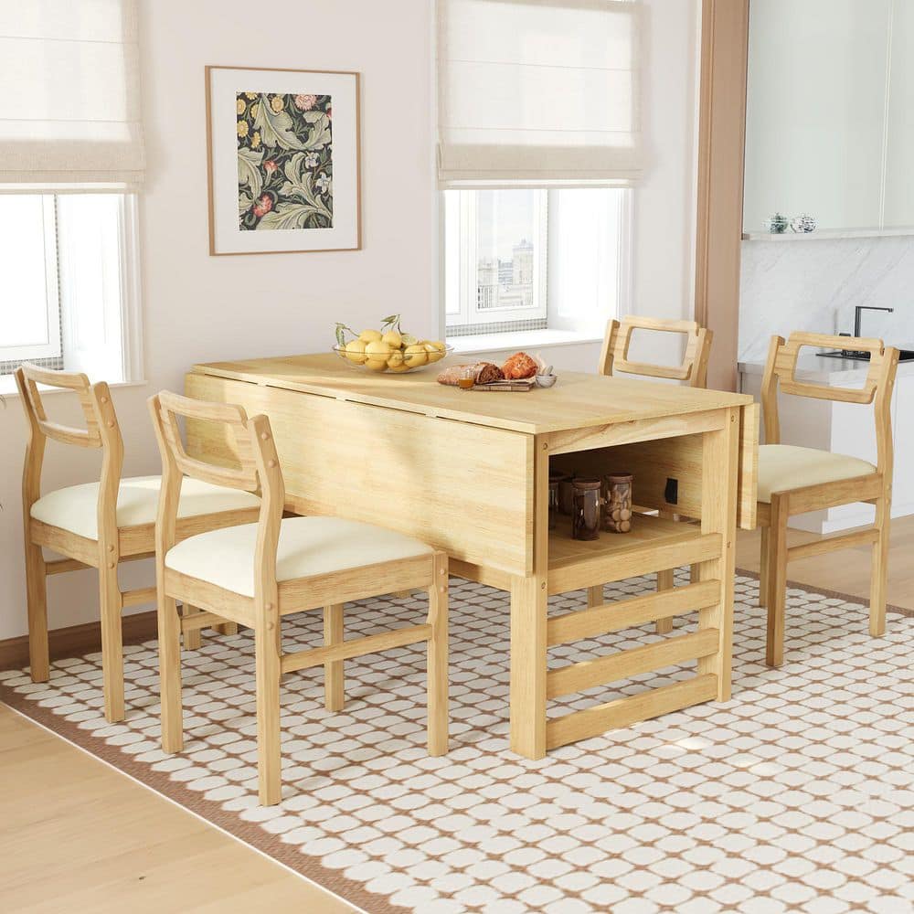 Farmhouse Natural 5-Piece Extendable Dining Table Set with 4 Linen Beige Chairs, 2 Drop Leaves, Storage Shelf