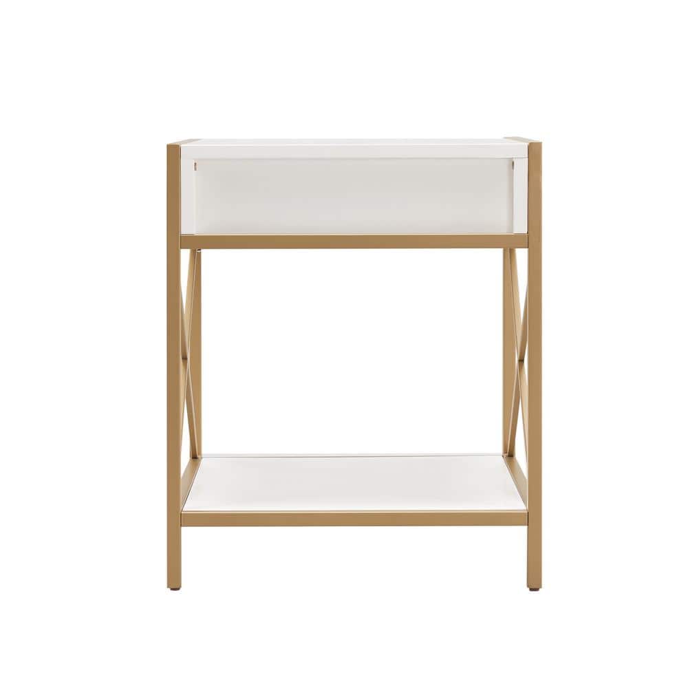 Claudette Gold Metal Frame and White Wood Top End Table with Drawer
