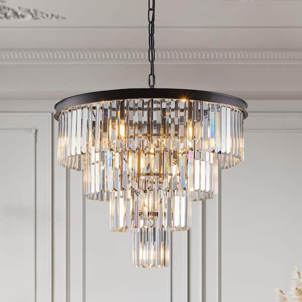 24in Contemporary 4 Tier Crystal Chandeliers with Adjustable Height Black for Dining Room Living Room