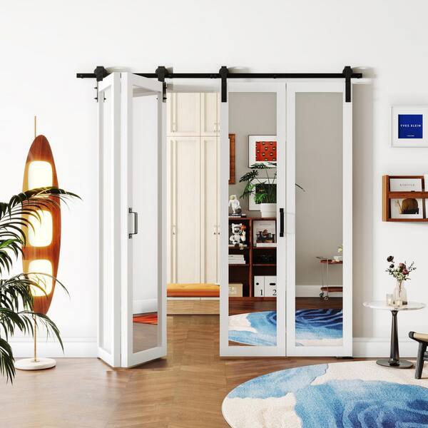 84 in. x 84 in. White, Mirrored Glass, MDF, Bi-Fold Style, Full Lite Sliding Barn Door with Hardware Kit