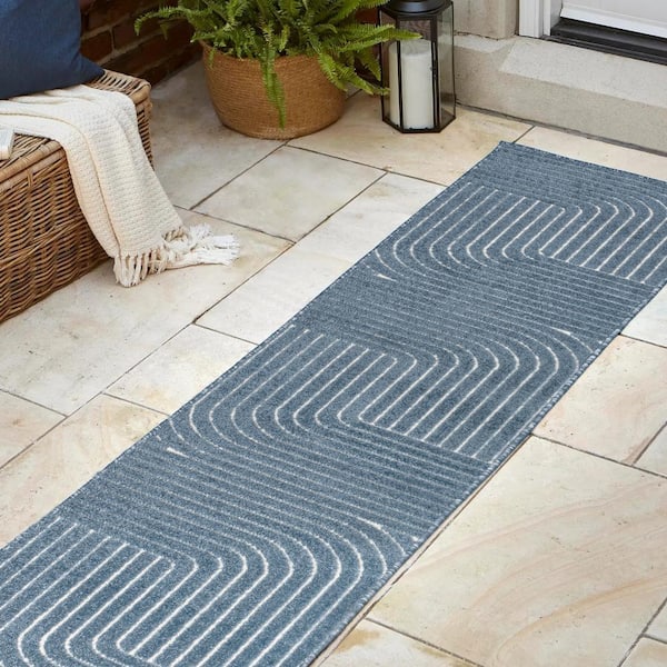 JONATHAN Y Odense High-Low Minimalist Angle Geometric Dark Blue/Cream 2 ft. x 8 ft. Indoor/Outdoor Runner Rug