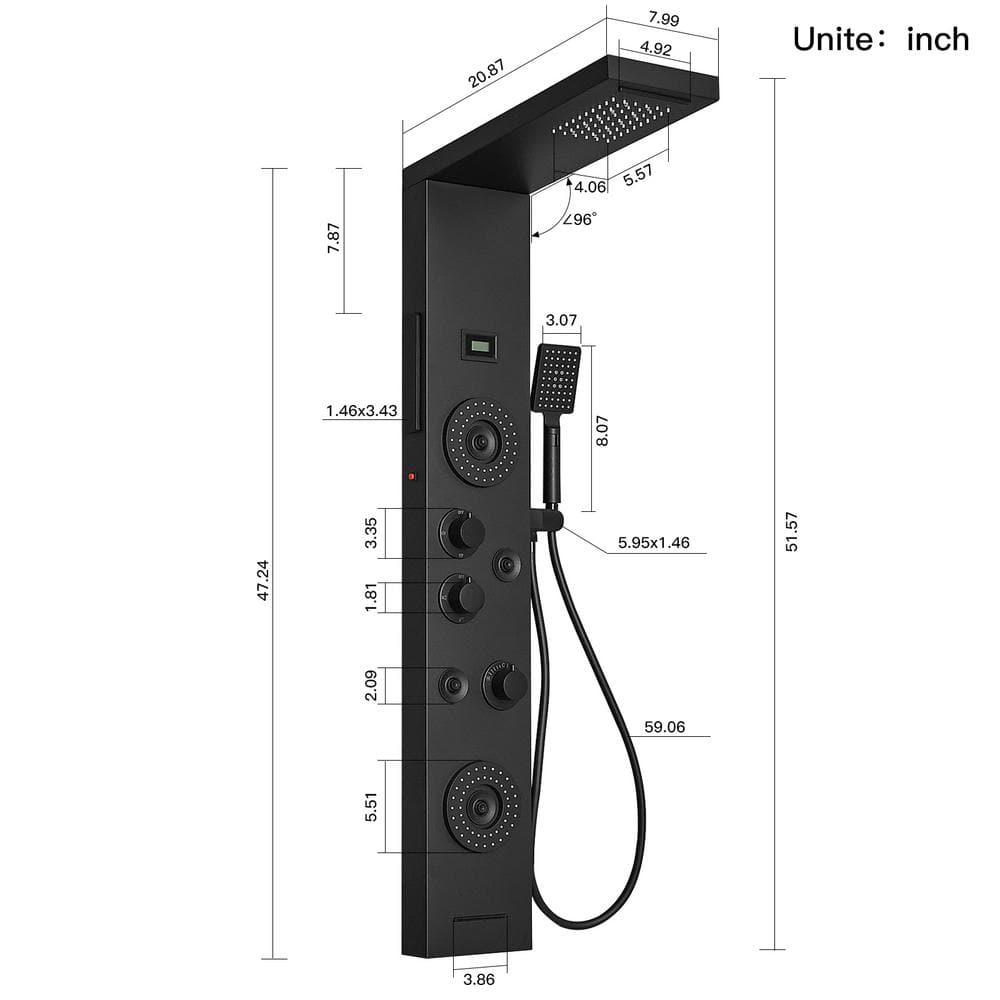 Matte Black 47'' Shower Panel System with LED Light and Body Jets