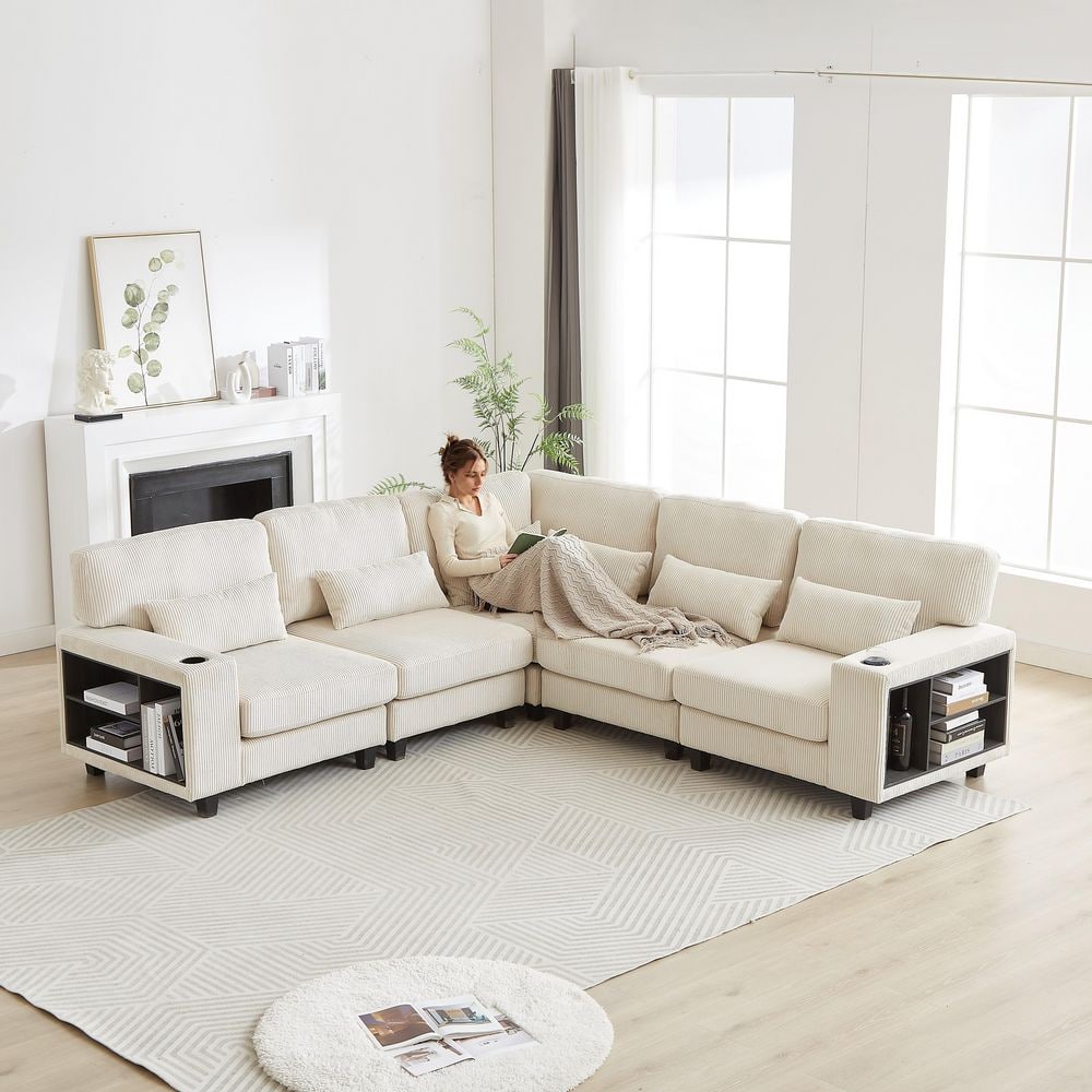 102.75 x 102.75 in. L-Shaped Modular Corduroy 5-Seat Convertible Sectional 