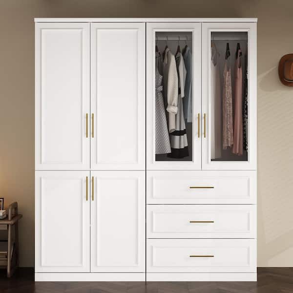 2-Combination White Wood 63.3 in. W 6-Door Big Armoires with 2 Hanging Rods, 3-Drawers, Shelves 74.8 in. H x 19.3 in. D