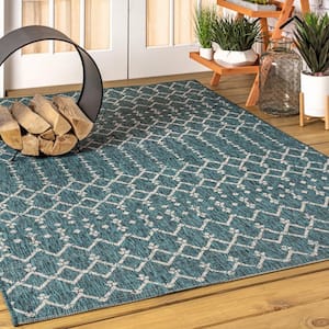 Ourika Moroccan Teal/Gray 3 ft. 11 in. x 6 ft. Geometric Textured Weave Indoor/Outdoor Area Rug