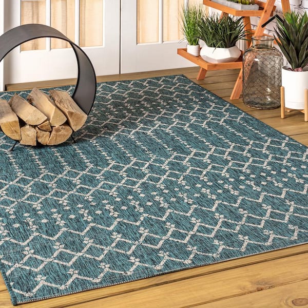 JONATHAN Y Ourika Moroccan Teal/Gray 7 ft. 9 in. x 10 ft. Geometric Textured Weave Indoor/Outdoor Area Rug