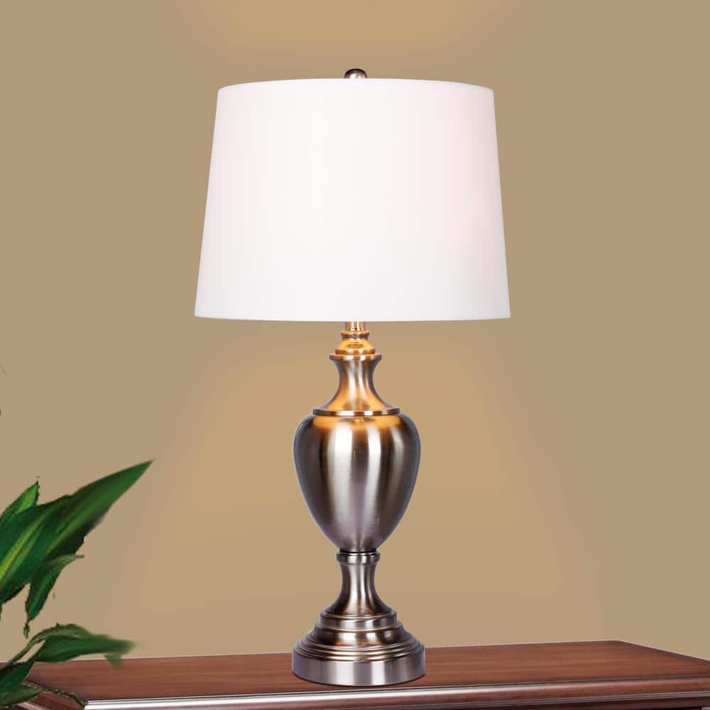 30" Brushed Steel Urn Table Lamp with White Shade