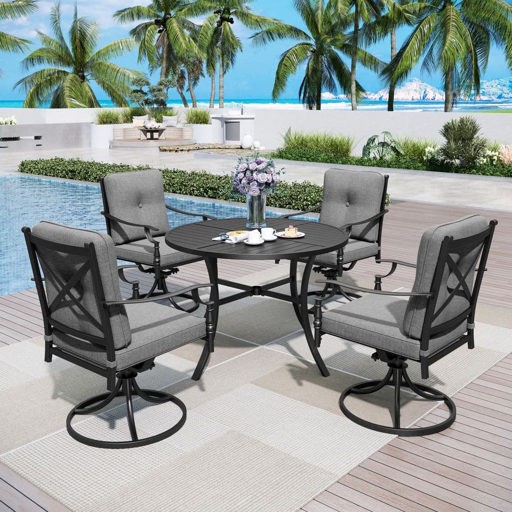 5-Piece Black Metal Patio Outdoor Dining Set with Slat Round Table and Metal Swivel Chairs with Gray Cushions price history on PriceWatchPro
