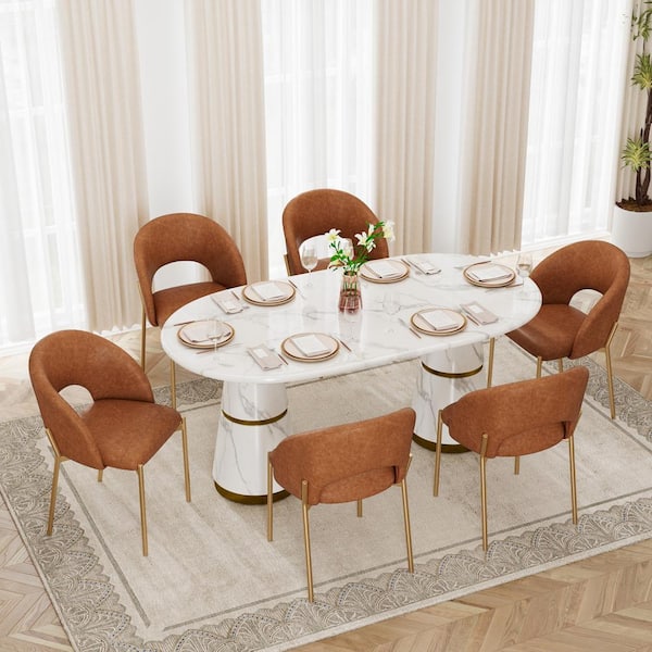 Boyel Living 7-Piece White Marble Counter Top Dining Table Set Seats 6 (1 Table & 6 PU Dining Side Chairs in Brown)