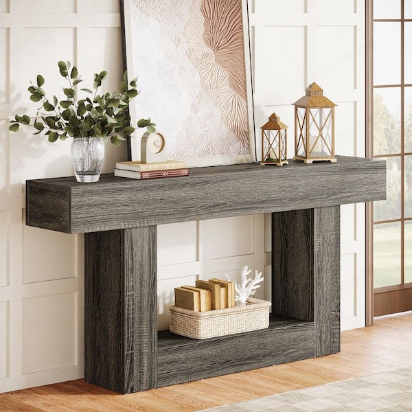 Turrella 63 in. Dark Grey Rectangle Engineered Wood Console Table with Storage Shelf