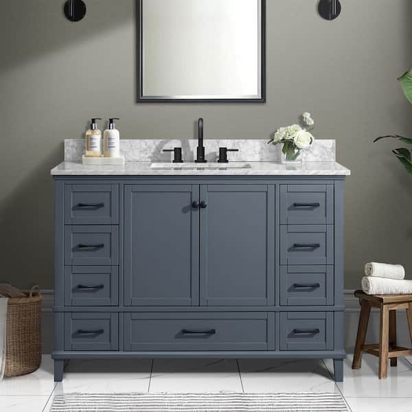Home Decorators Collection Merryfield 49 in. Single Sink Dark Blue-Grey Bath Vanity with White Carrara Marble Top (Assembled)