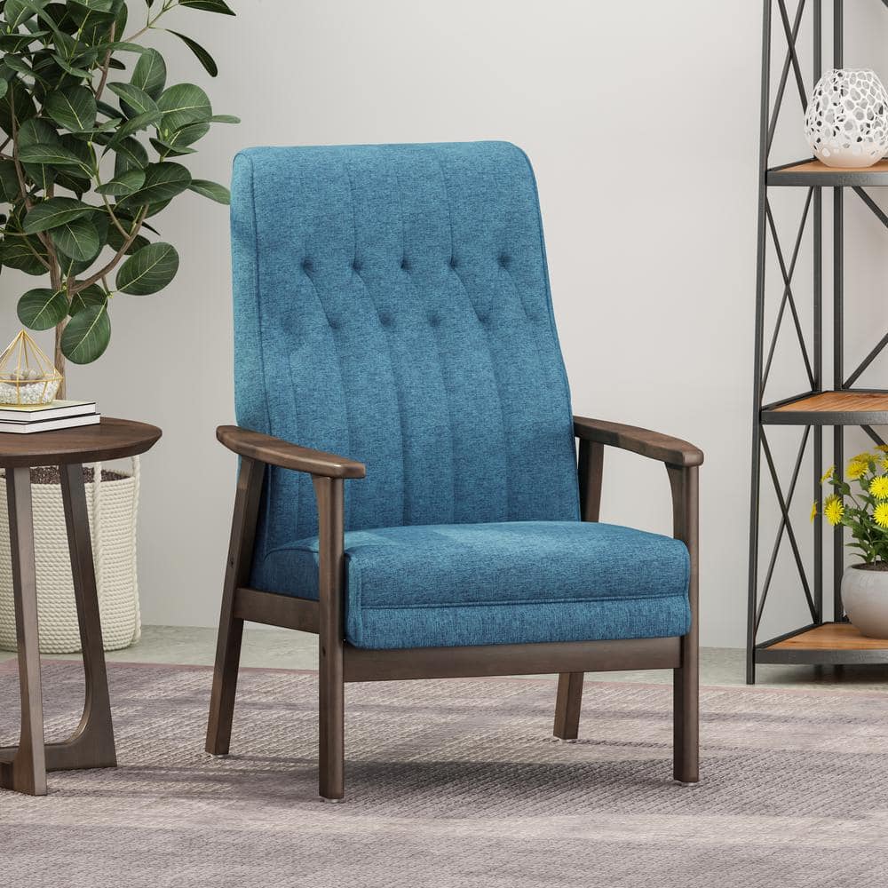Blue Upholstered Tufted Back Accent Chair with Walnut Rubberwood Legs