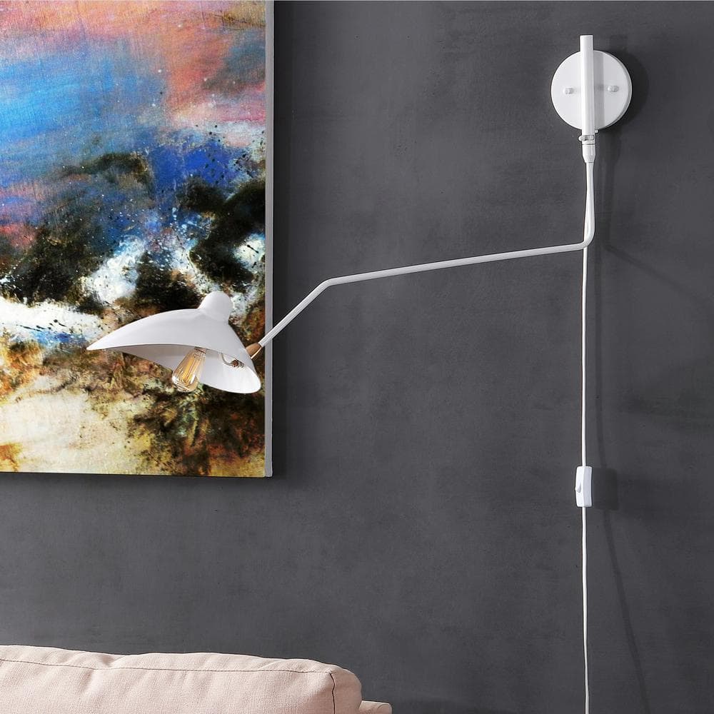 Mid-Century 35" White and Brass Gold Iron Swing Arm Wall Sconce
