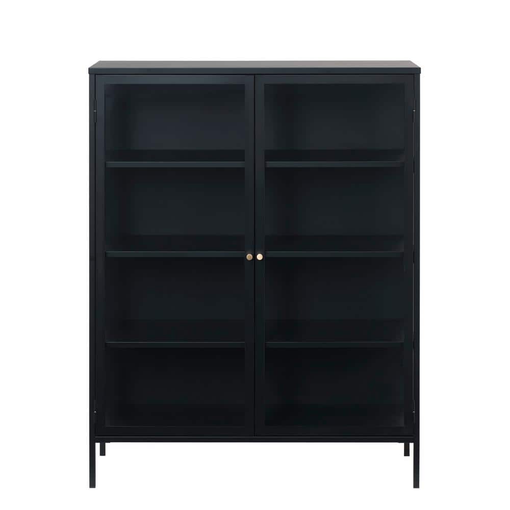 55" Black Metal and Glass China Cabinet with Brass Knobs