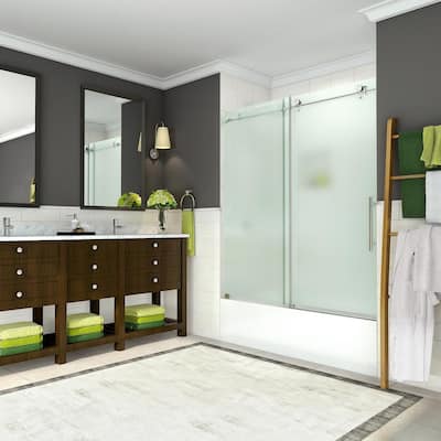Coraline 56 - 60 in. x 60 in. Completely Frameless Sliding Tub Door with Frosted Glass in Brushed Stainless Steel