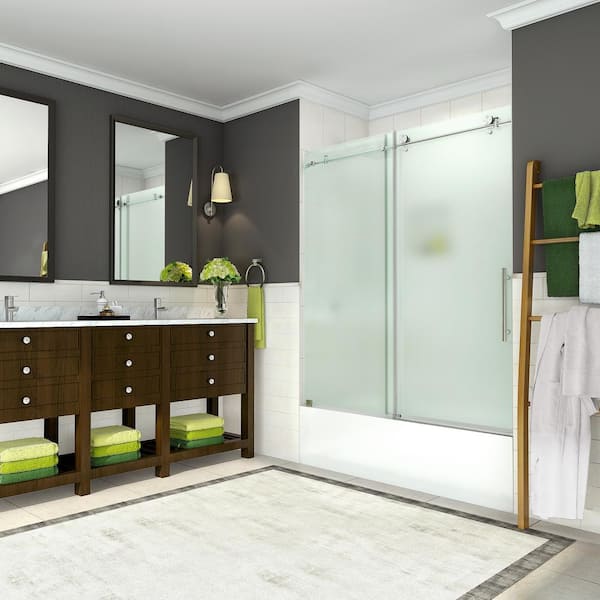 Aston Coraline 56 - 60 in. x 60 in. Completely Frameless Sliding Tub Door with Frosted Glass in Brushed Stainless Steel