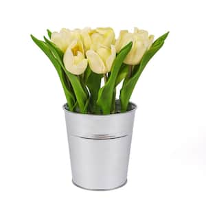 9 in. Artificial Floral Arrangements Tulips in Metal Pot- Color: Light Yellow
