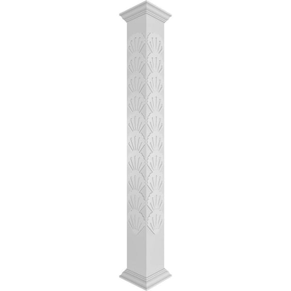 Ekena Millwork 7-5/8 in. x 10 ft. Premium Square Non-Tapered Bondi Fretwork PVC Column Wrap Kit w/Crown Capital and Base