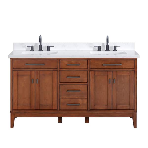 Madison 61 in. Double Sink Tobacco Bath Vanity with Cala White Engineered Stone Top