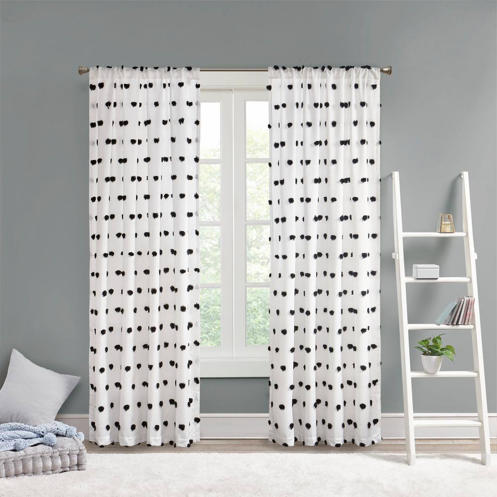 Black and White Faux Silk Pom Pom Sheer Curtain Panel