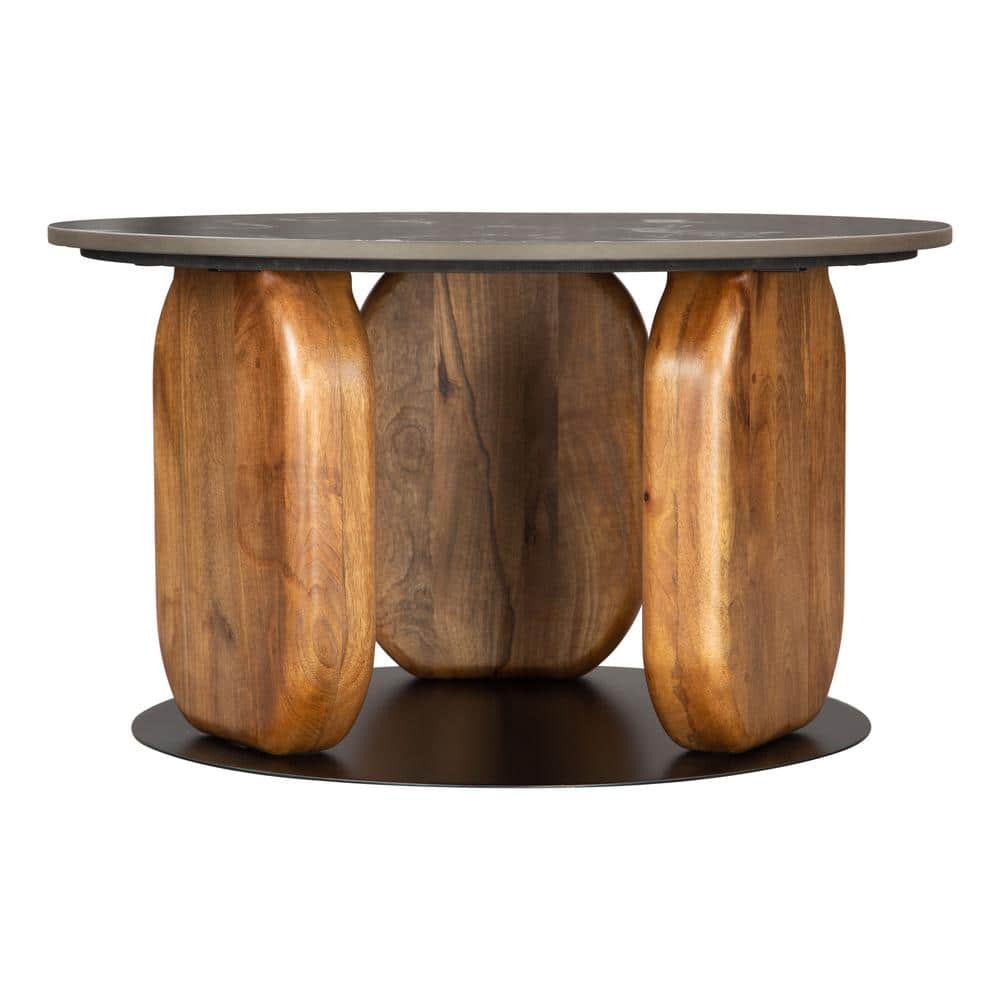 Pemba Round Black Marble Top Coffee Table with Mango Wood Legs