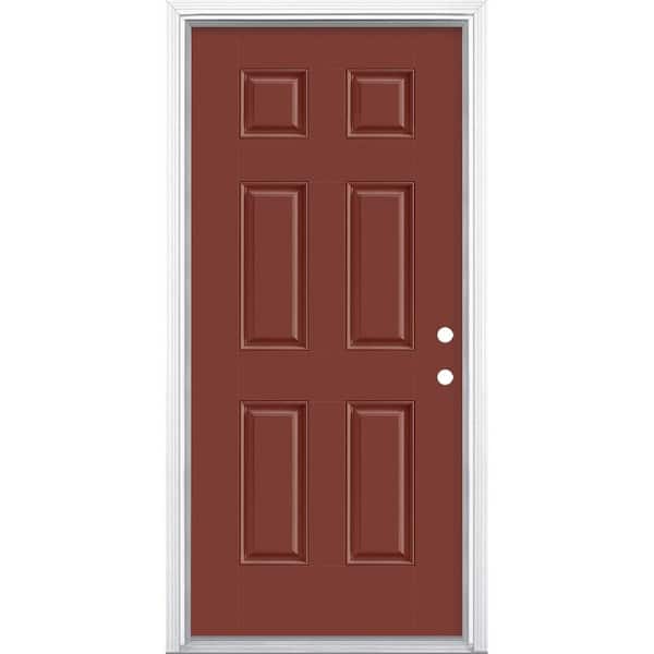 36 in. x 80 in. 6-Panel Red Bluff Left Hand Inswing Painted Smooth  Fiberglass Prehung Front Exterior Door with Brickmold