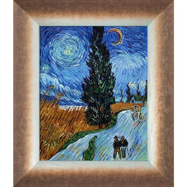 LA PASTICHE Road With Cypress and Star by Vincent Van Gogh Spoleto Bronze Framed Nature Oil Painting Art Print 12 in. x 14 in.