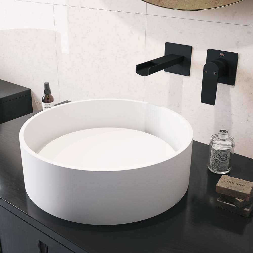 Elevated White Matte Stone 16" Round Vessel Bathroom Sink