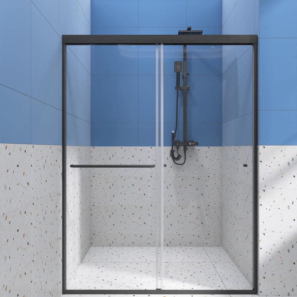 54 in. W x 72 in. H Double Sliding Framed Shower Door in Black Finish with 