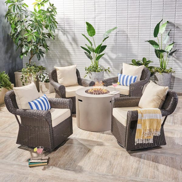 Noble House Oliver Dark Brown 5-Piece Faux Rattan Patio Fire Pit Conversation Set with Beige Cushions
