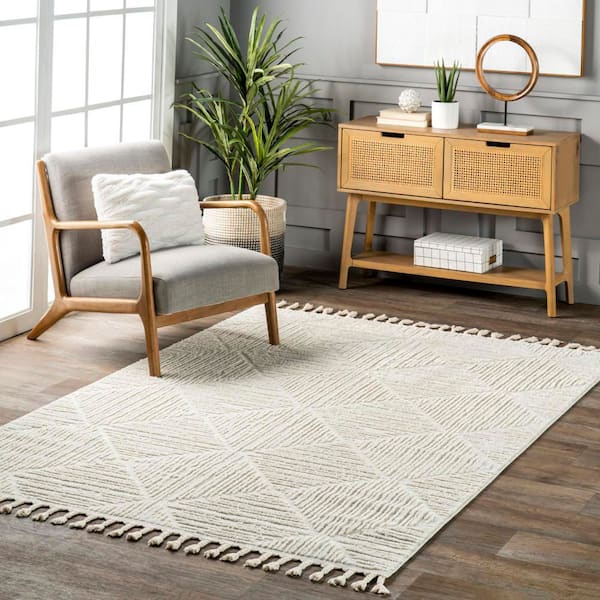 Kerry Ivory 9 ft. x 12 ft. Geometric Tasseled Area Rug