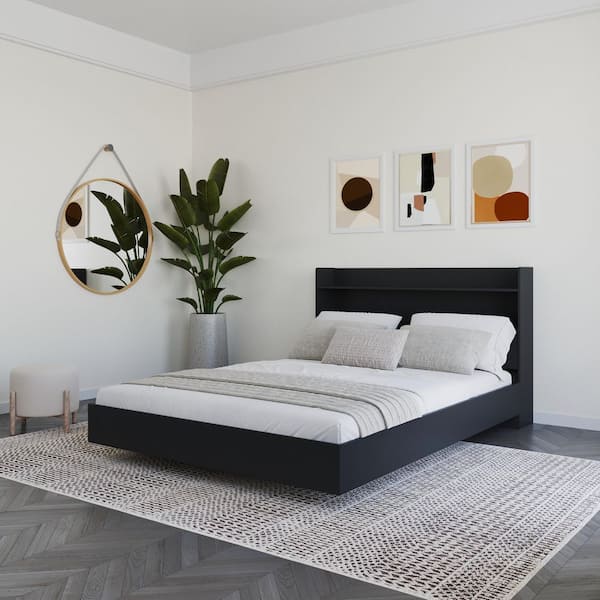 Harper Black Frame Full Size Floating Platform Bed with Headboard