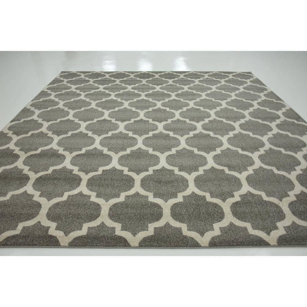 Elegant Dark Grey Trellis Square Washable Rug