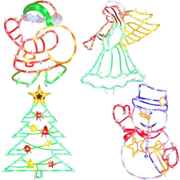 4-Piece Plastic Christmas Lighted Christmas Tree Snowman Angel Santa Window Silhouette Lights Ornaments for Decor